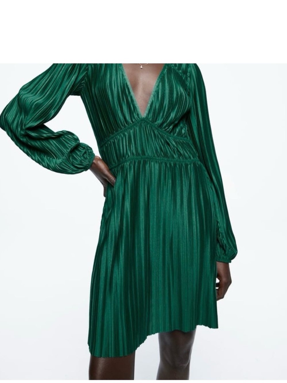 Zara Emerald Green Plisse V-Neck Long Sleeve Dress